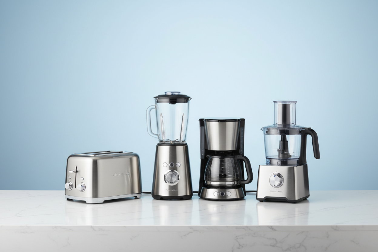 create a picture of electronic kitchen Applainces with the backgroud of light Blue